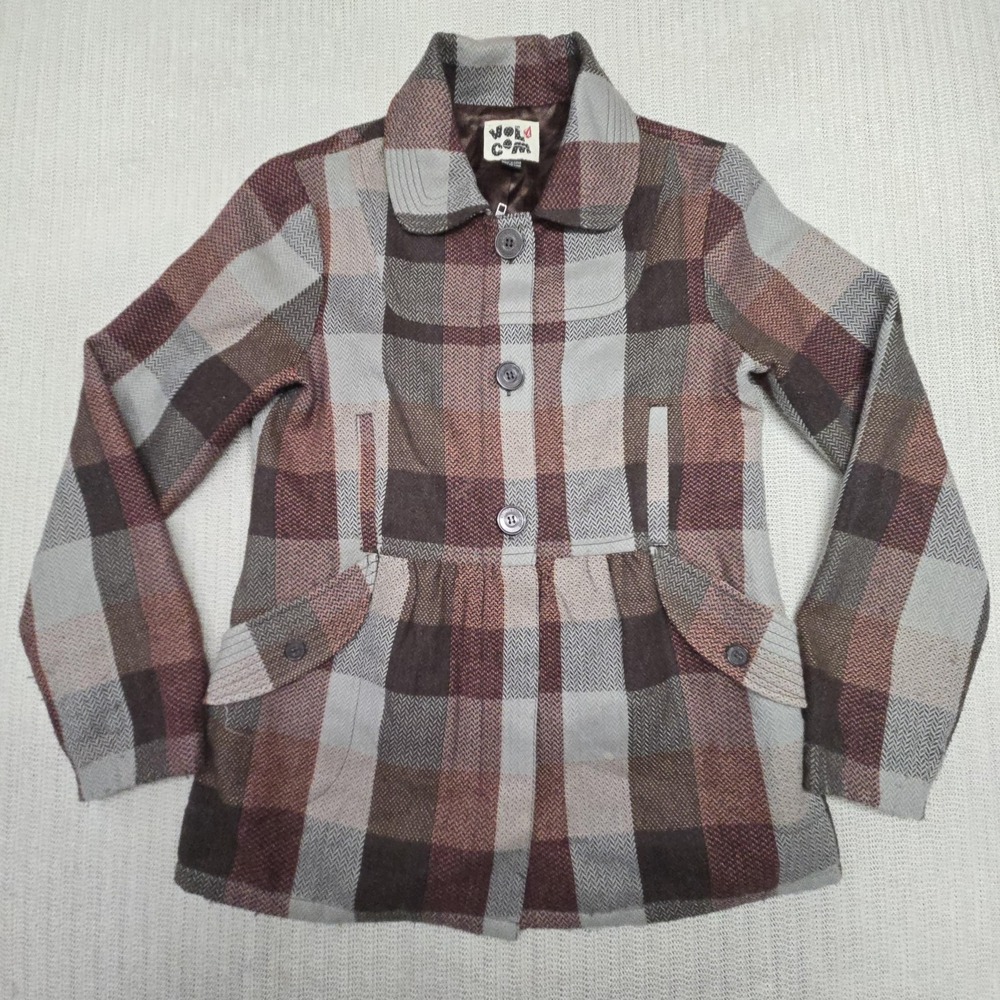 Volcom Plaid To The Bone Jacket Womens Large Brown Plaid Button Pockets
